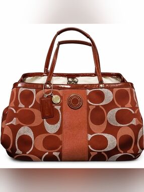 Coach Signature Stripe Metallic Kisslock Frame Carryall Burgundy 3 Color Satchel